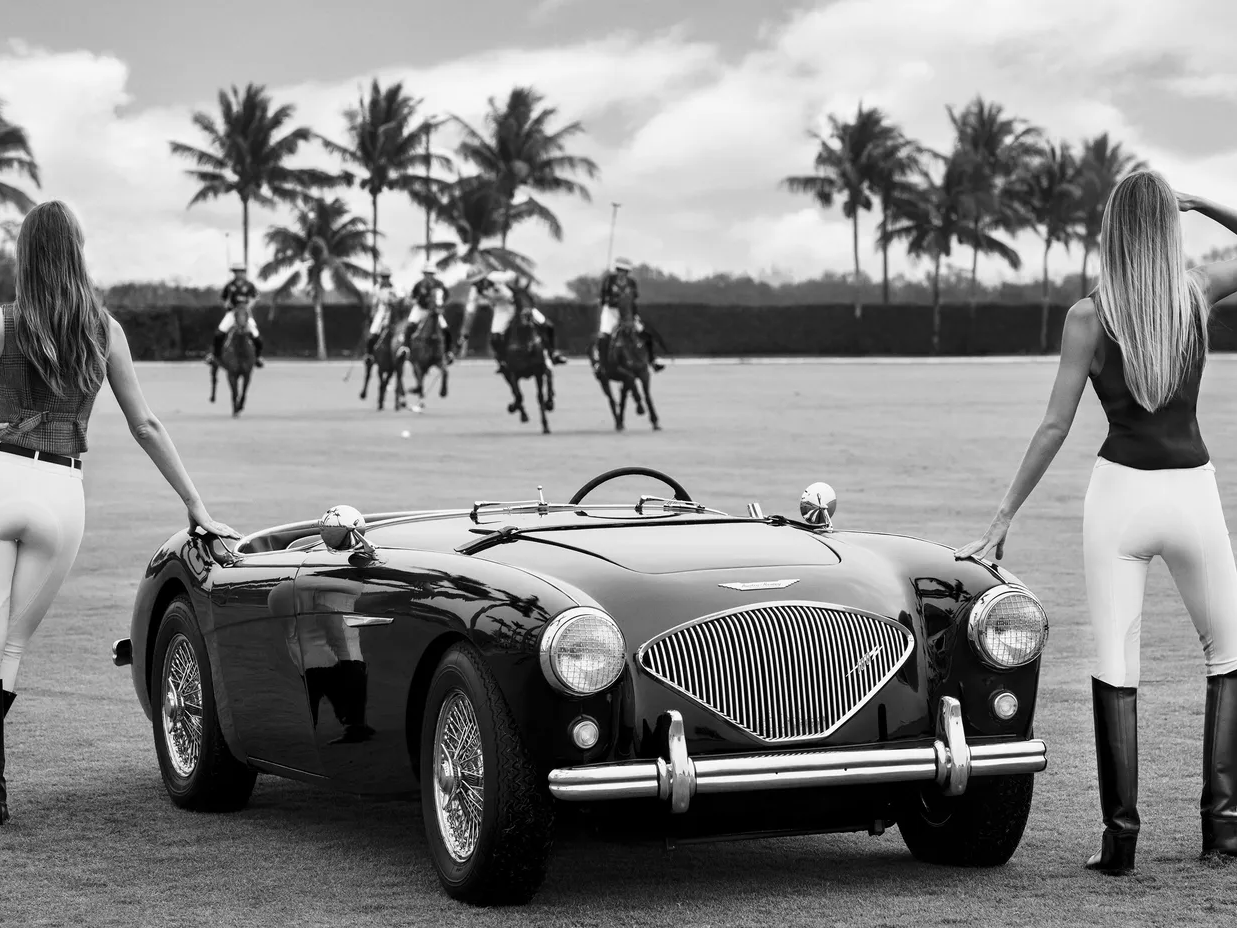 The Thomas Crown Affair by David Yarrow – Supermodels and Equestrian with Vintage Aston Martin Fine Art Photograph – Available at Hilton Contemporary Gallery Chicago