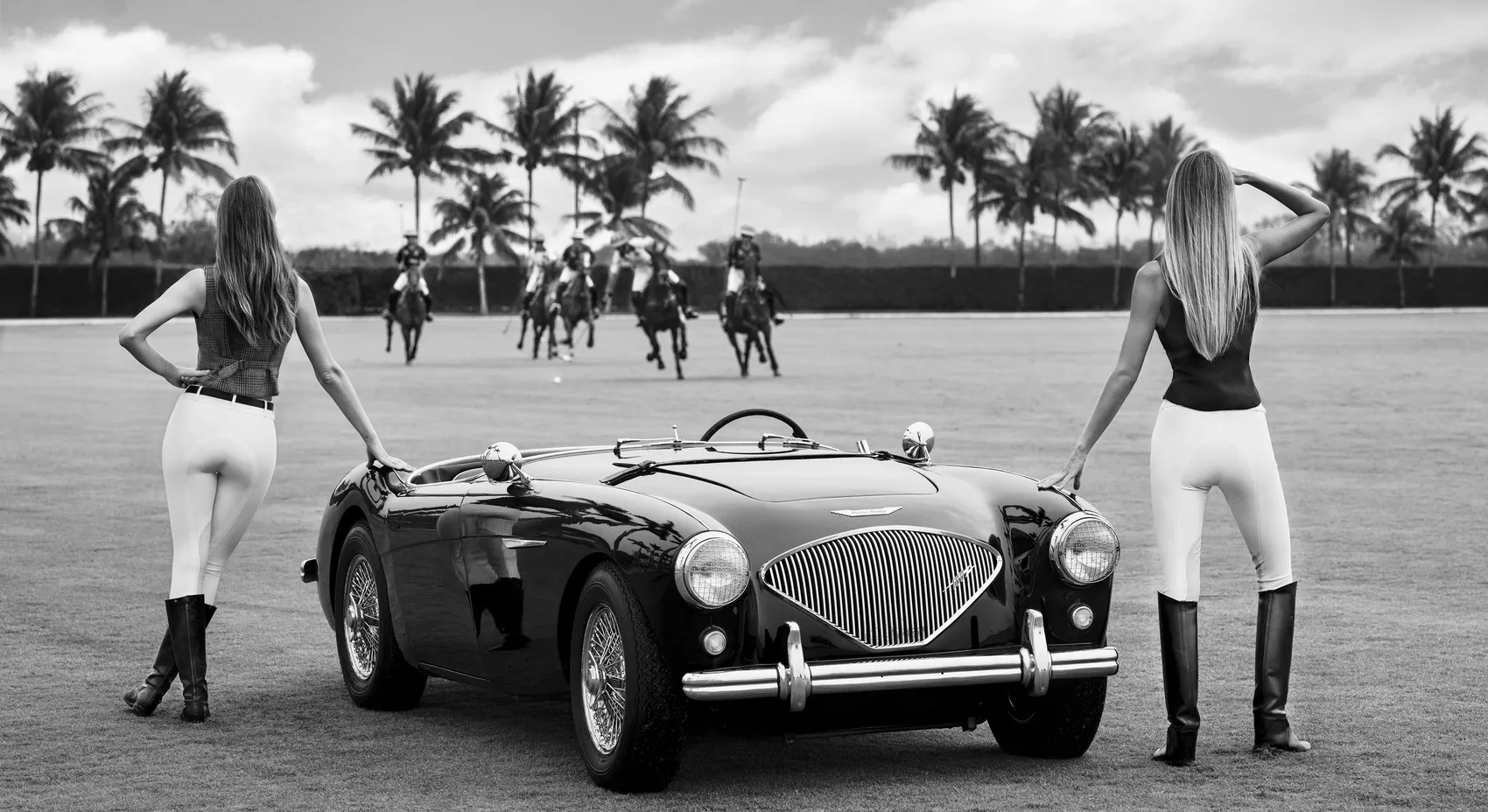 The Thomas Crown Affair by David Yarrow – Supermodels and Equestrian with Vintage Aston Martin Fine Art Photograph – Available at Hilton Contemporary Gallery Chicago