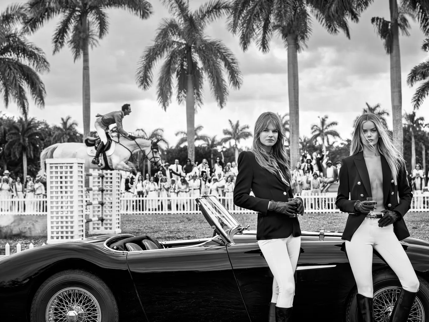The Winner Takes It All by David Yarrow – Supermodels in front of a Vintage Car and Equestrian - Available at Hilton Contemporary Gallery Chicago