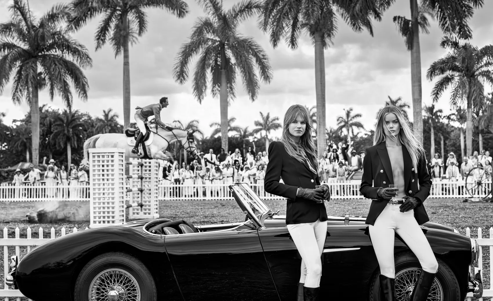 The Winner Takes It All by David Yarrow – Supermodels in front of a Vintage Car and Equestrian - Available at Hilton Contemporary Gallery Chicago