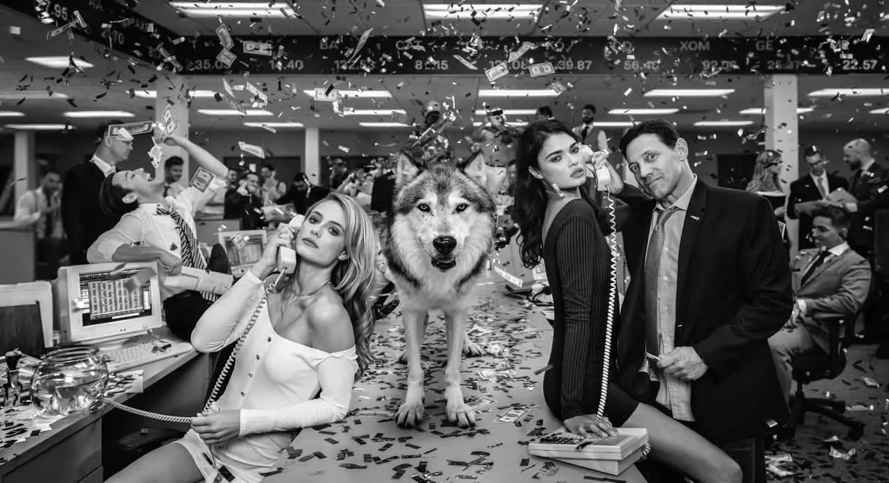 The Wolves of Wall Street II by David Yarrow – Jordan Belfort and Supermodels With Wolf on a Table and Money Flying in the Air – Available at Hilton Contemporary Gallery Chicago
