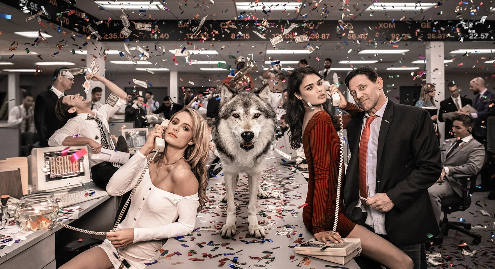 The Wolves of Wall Street II by David Yarrow – Jordan Belfort and Supermodels With Wolf on a Table and Money Flying in the Air – In Color - Available at Hilton Contemporary Gallery Chicago