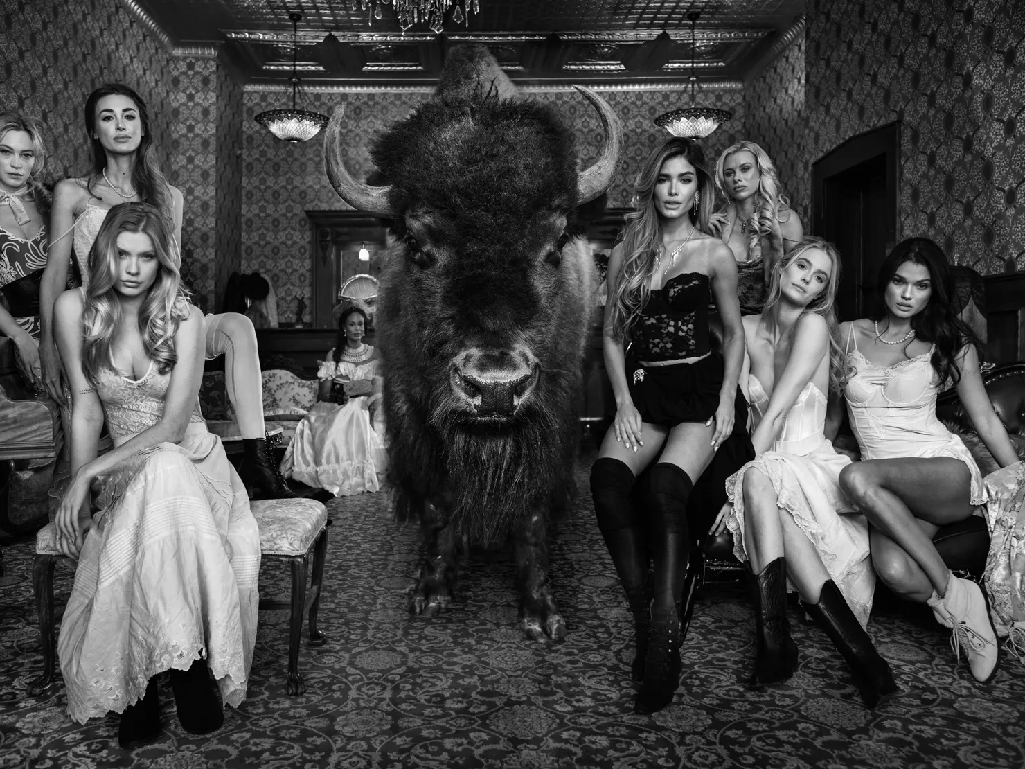 Where The Buffalo Roam by David Yarrow – Fine Art Photograph of Supermodels and a Buffalo in a Room – Available at Hilton Contemporary Gallery Chicago