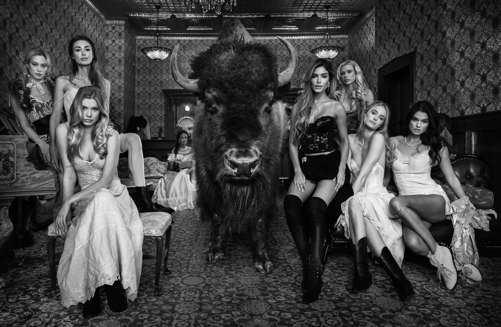 Where The Buffalo Roam by David Yarrow – Fine Art Photograph of Supermodels and a Buffalo in a Room – Available at Hilton Contemporary Gallery Chicago