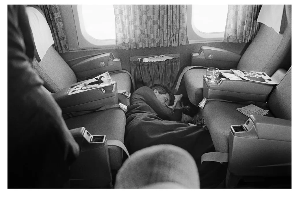 Robert F. Kennedy asleep on campaign flight to Portland, Oregon, 1968