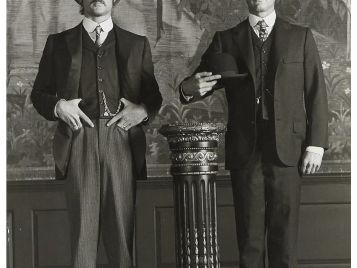 Paul Newman and Robert Redford posing in period costume during filming of Butch Cassidy and the Sundance Kid, 1968