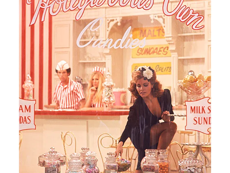 Raquel Welch in a sweet shop during the filming of Myra Breckinridge, 1970
