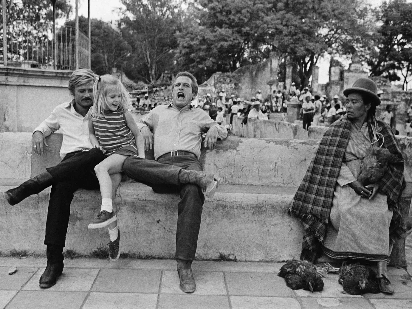 Robert Redford and Paul Newman with Paul Newman’s daughter during filming of Butch Cassidy and the Sundance Kid, Mexico, 1968