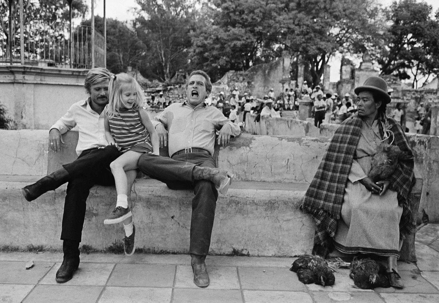 Robert Redford and Paul Newman with Paul Newman’s daughter during filming of Butch Cassidy and the Sundance Kid, Mexico, 1968