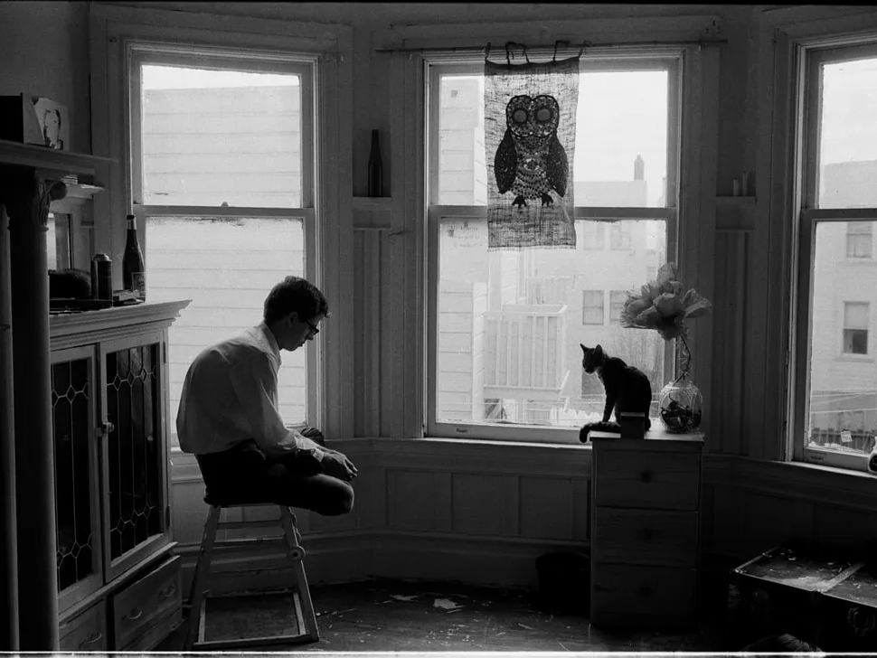 San Francisco mathematician sitting with his cat during an LSD experience in his apartment, 1966