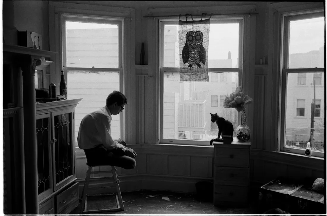 San Francisco mathematician sitting with his cat during an LSD experience in his apartment, 1966