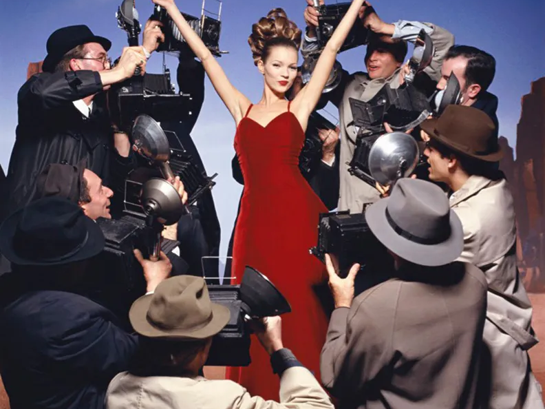 Kate Moss studio portrait from 1995 commenting on celebrity culture, photographed by Terry O’Neill