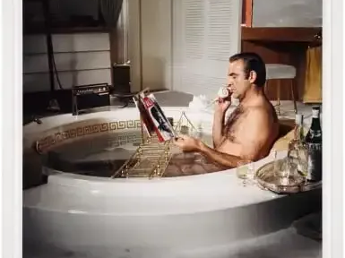 Sean Connery as James Bond in the bath during the filming of Diamonds Are Forever, photographed by Terry O’Neill, 1971