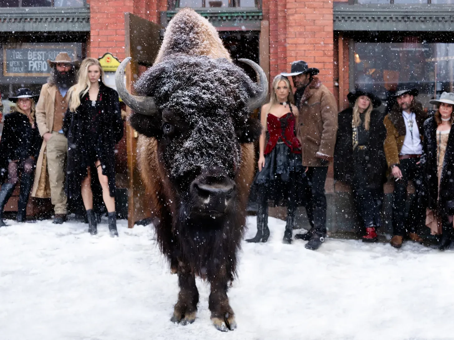 A photograph of a bison and a group of people by photographer David Yarrow.