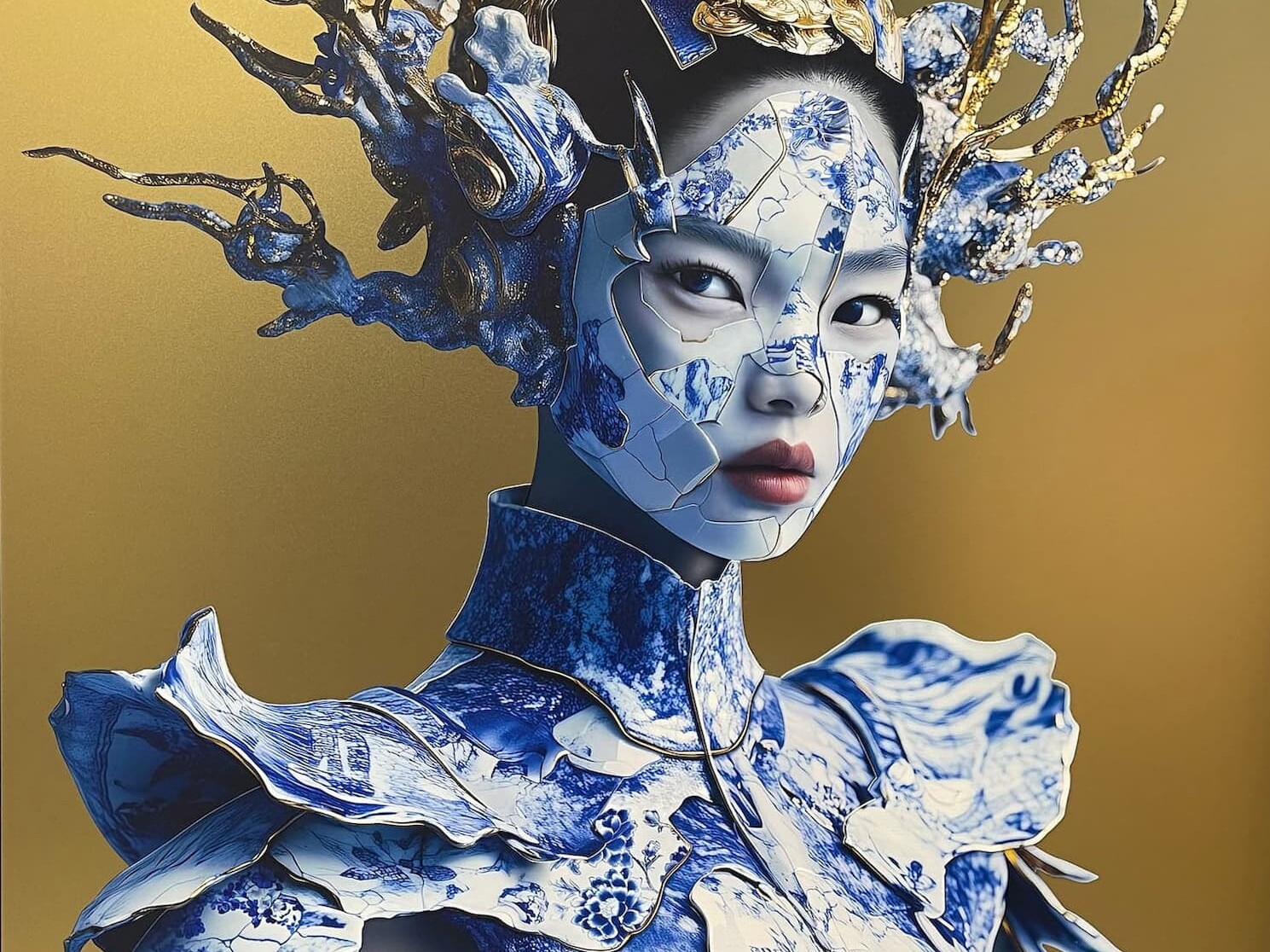 Azzura Gold by fine artist Jonas Leriche is a portrait of a woman wearing armor of broken china.
