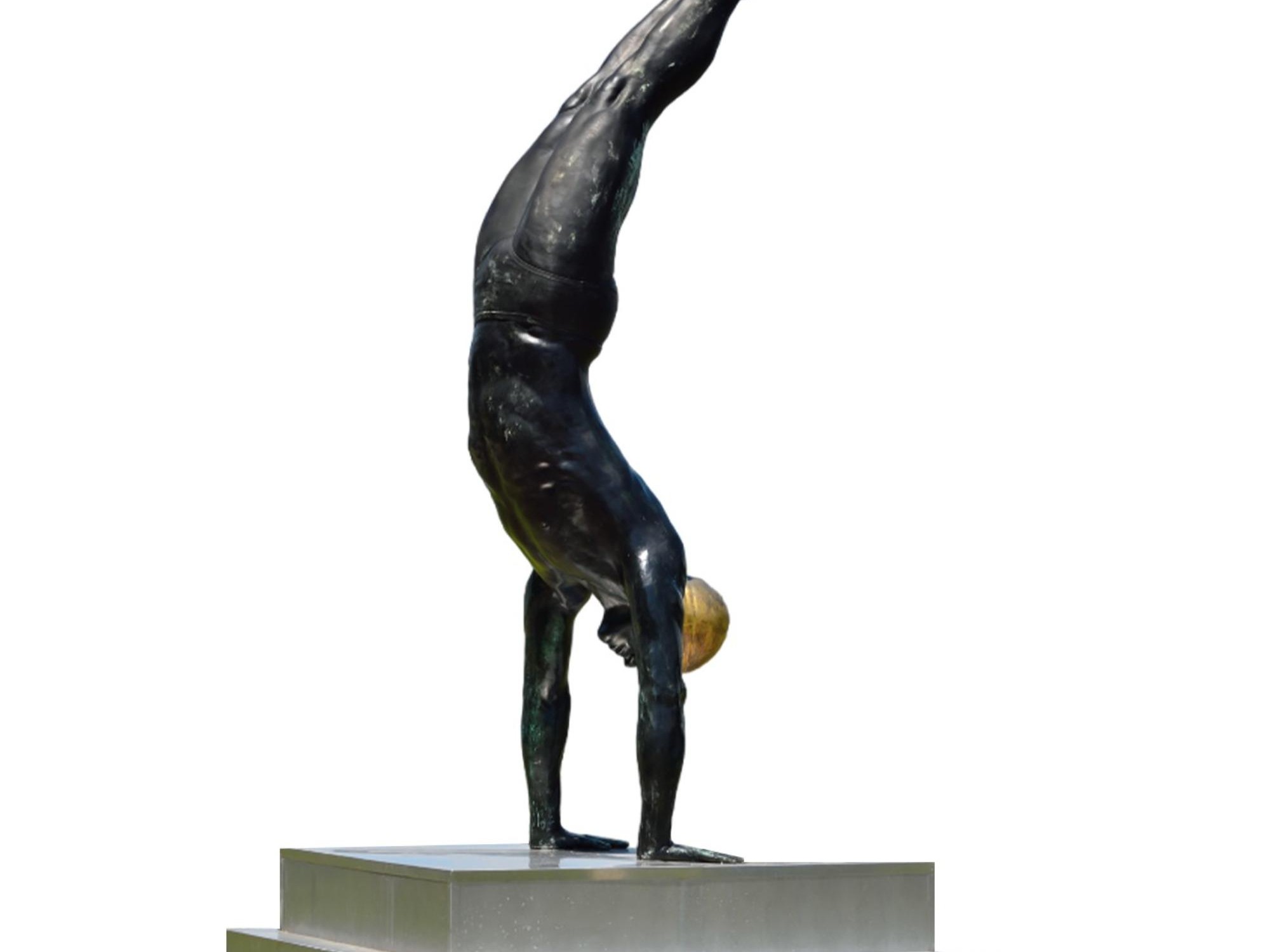 The Golden Mean. A hyper-realistic sculpture by Carole Feuerman. Lacquer on Epoxy with 24k Gold Leaf Cap on Metal Base. Monumental Scale. 150 x 54 x 38 inches. Unique.
