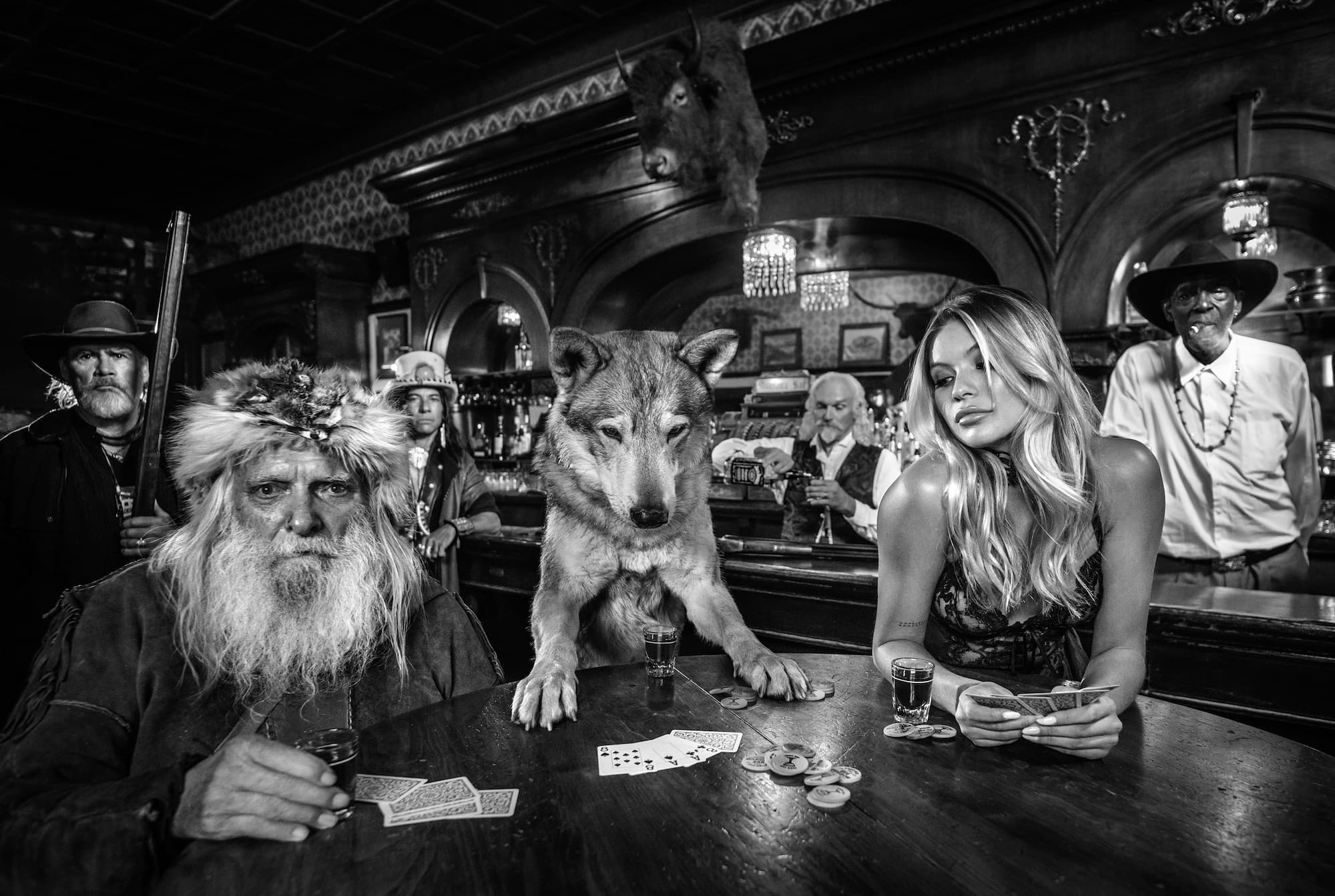 "Aces and Eights" by David Yarrow, Miles City, Montana, 2020. Black and white photograph.