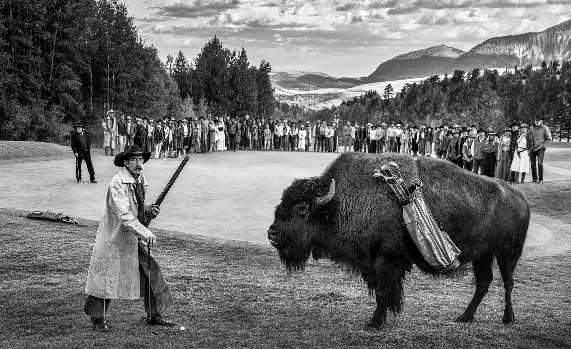 "Bison DeChambeau" by David Yarrow, Telluride, Colorado, 2025. Black and white photograph.