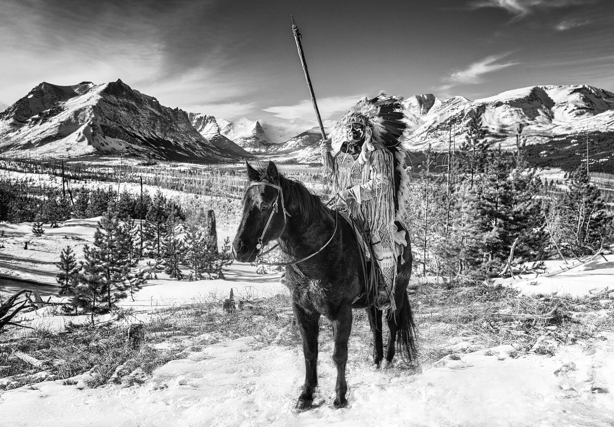"Blackfeet Nation" by David Yarrow, Blackfeet Indian Reservation, Montana, 2023. Black and white photograph.