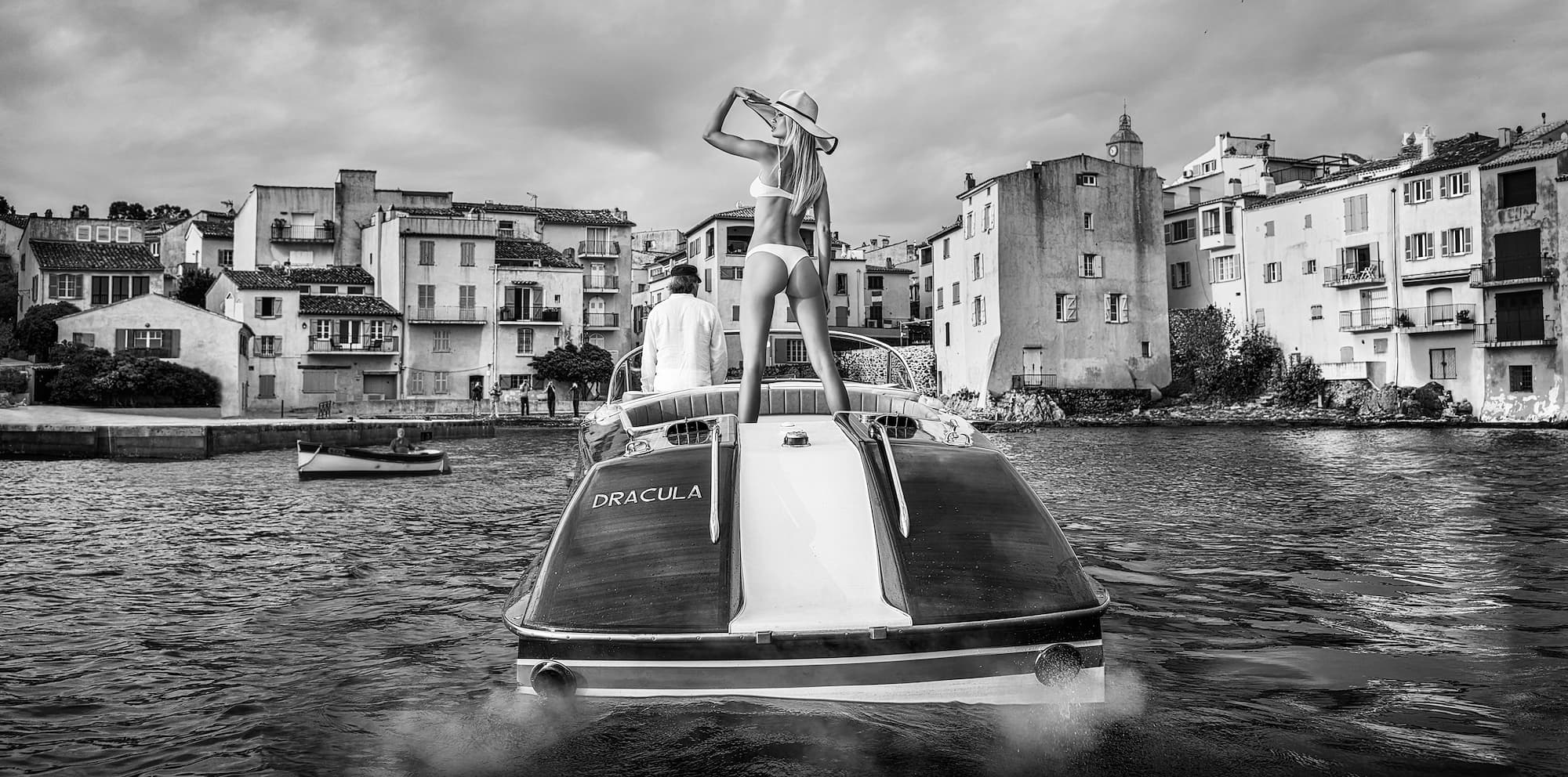 "Brigitte" by David Yarrow, St Tropez, France, 2024. Black and white photograph.
