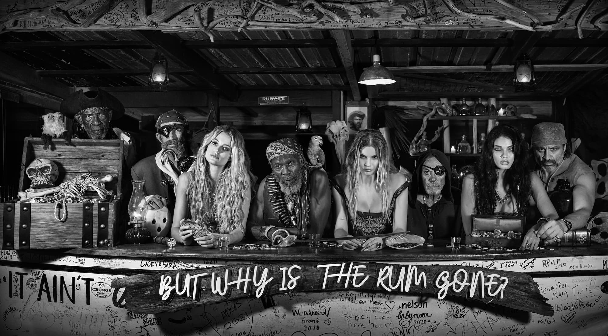 "But why is the rum gone?" by David Yarrow, Anguilla, 2022. Black and white photograph.