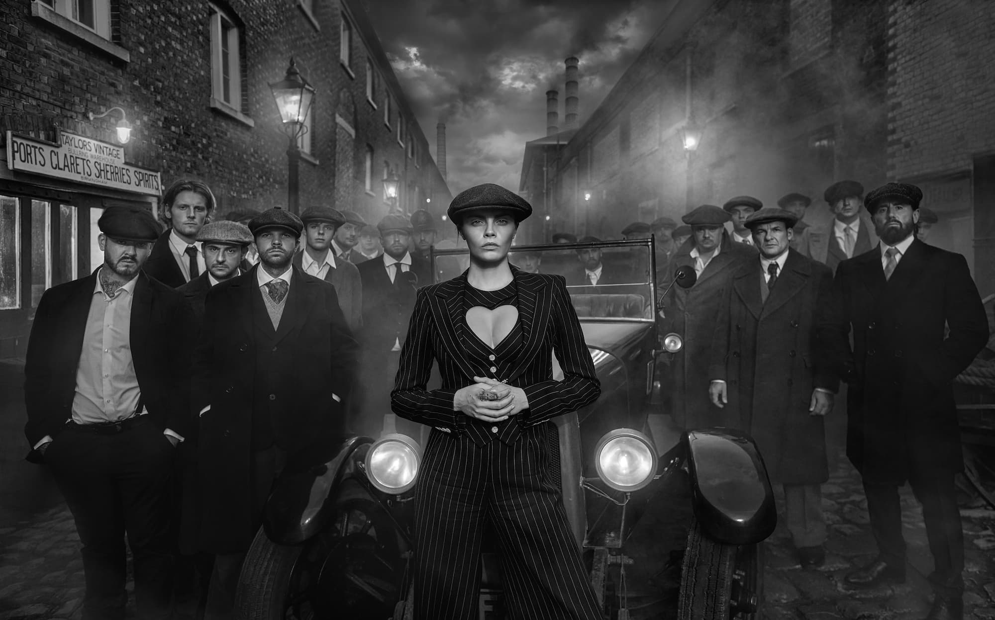 "By Order of the Peaky Blinders" by David Yarrow, London, United Kingdom, 2023. Black and white photograph.