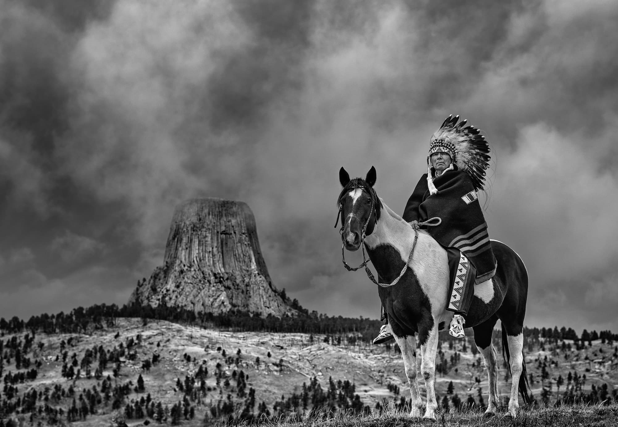 "Chief" by David Yarrow, Devils Tower, Wyoming, 2020. Black and white photograph.