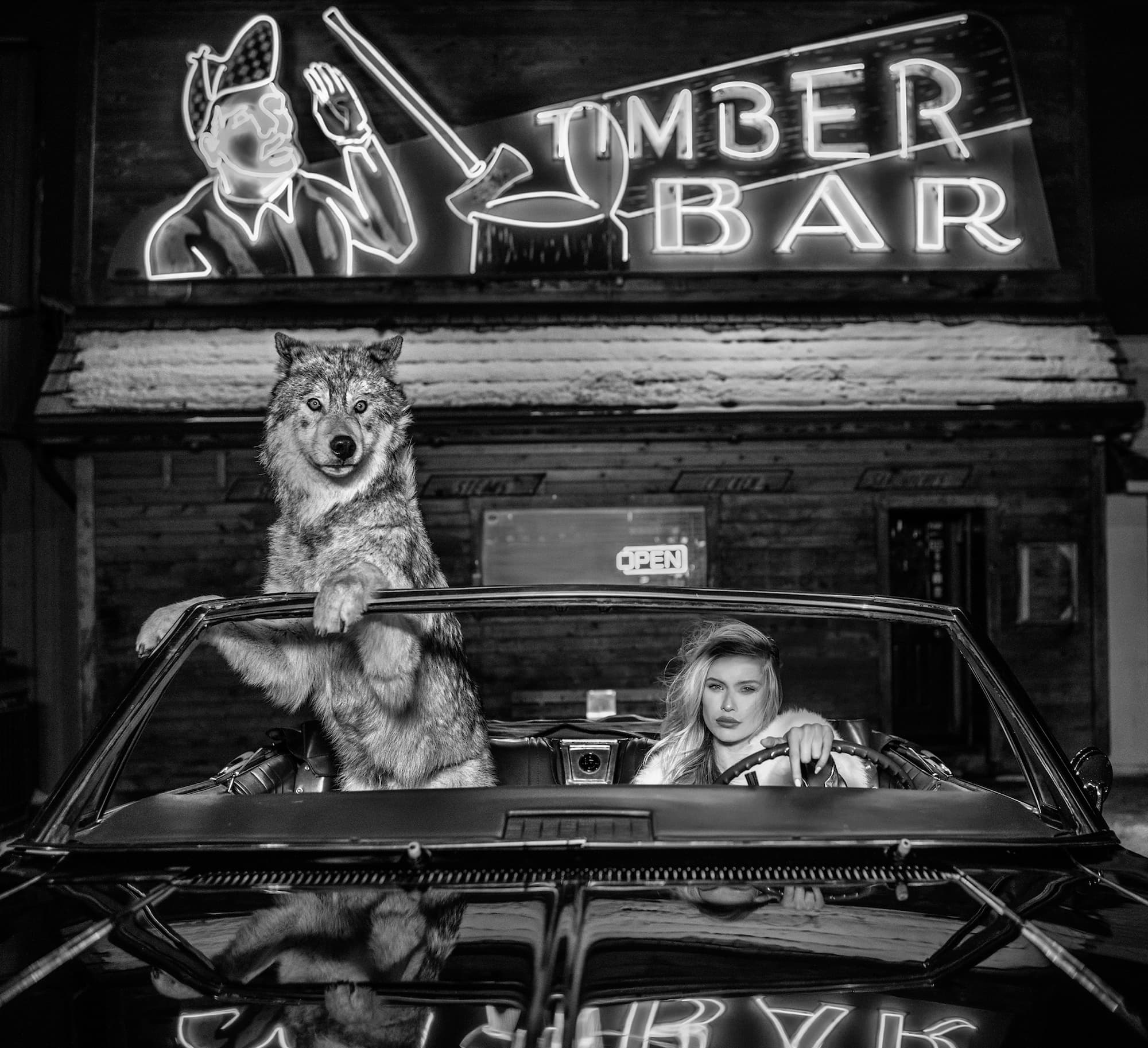 "Coyote Ugly" by David Yarrow, Big Timber, Montana, 2019. Black and white photograph.