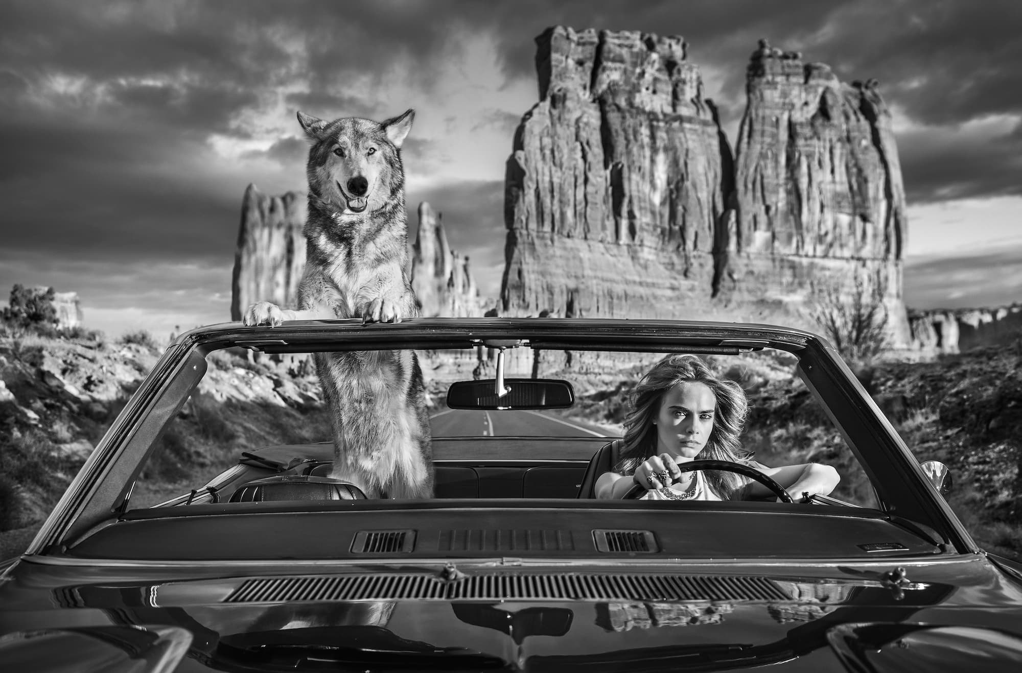 "Drive" by David Yarrow, Moab, Utah, 2021. Black and white photograph.