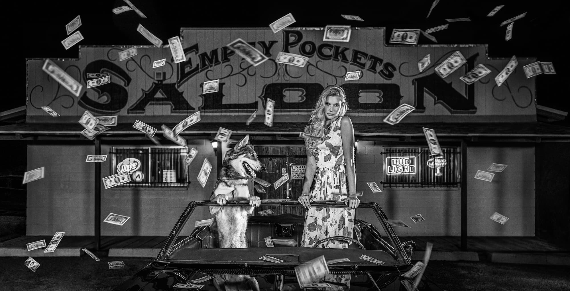"Empty Pockets Saloon" by David Yarrow, Holbrook, Arizona, 2022. Black and white photograph.
