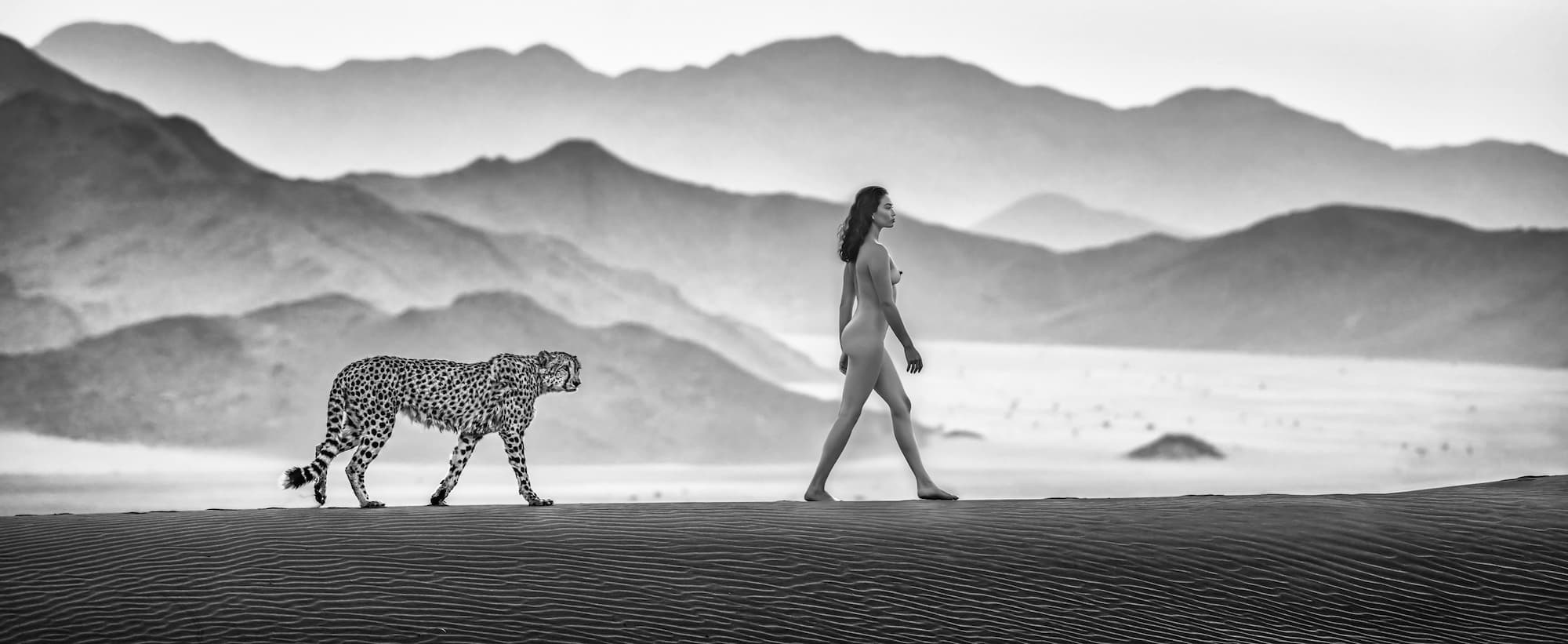 "Eternity" by David Yarrow, Kanaan Desert, Namibia, 2024. Black and white photograph.