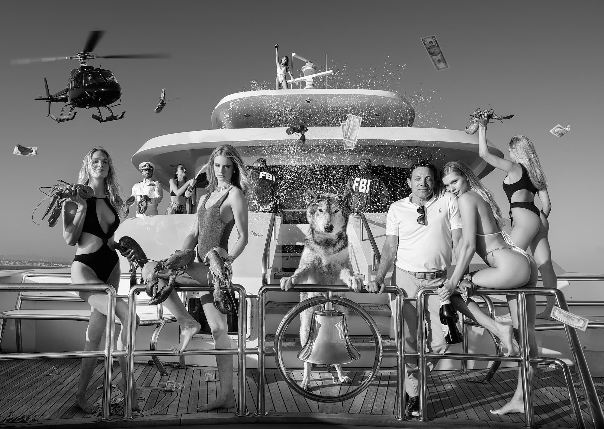 "Get the Fxxx Off My Boat" by David Yarrow, Los Angeles, California, 2021. Black and white photograph.