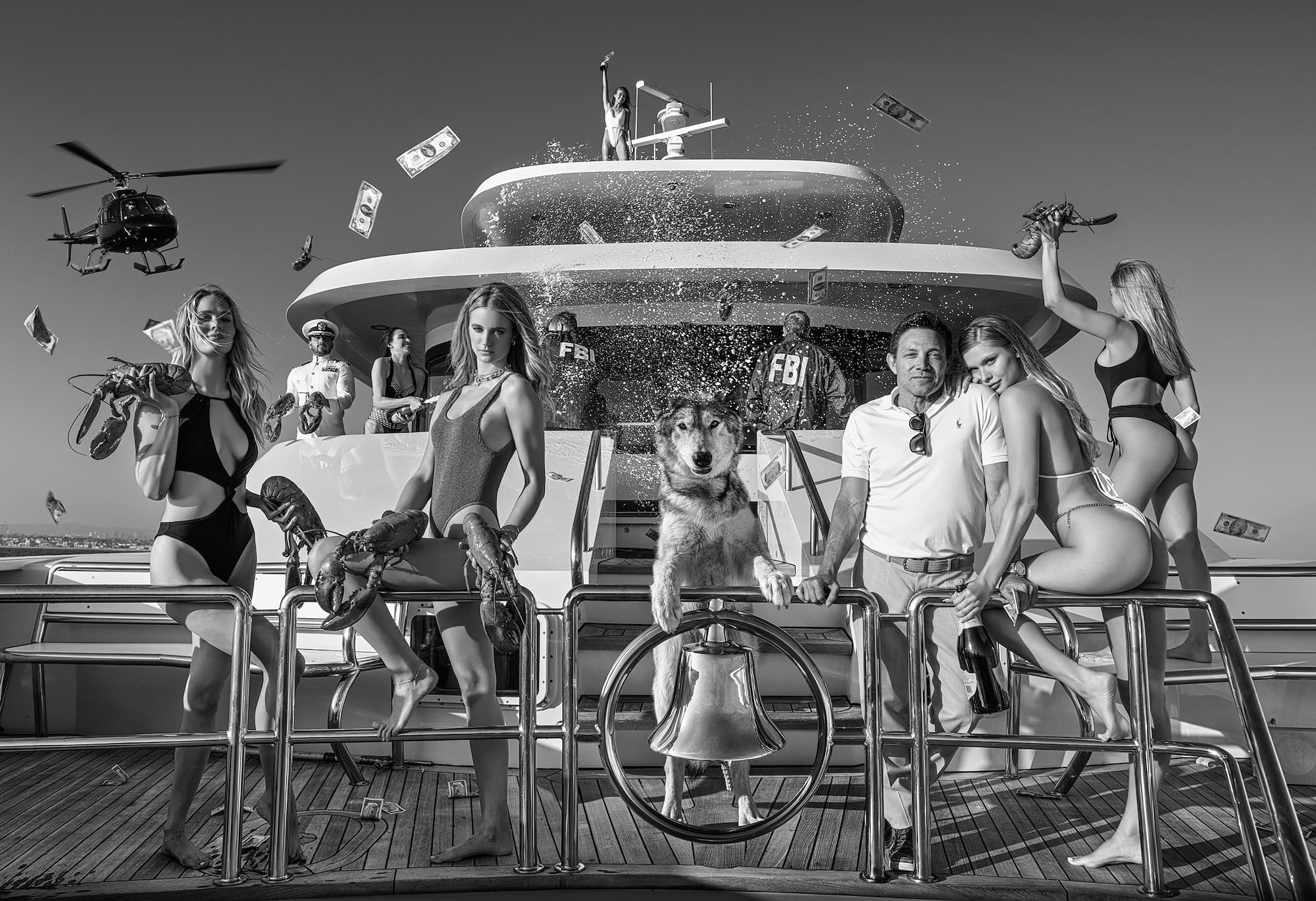 "Get the Fxxx Off My Boat II" by David Yarrow, Los Angeles, California, 2021. Black and white photograph.
