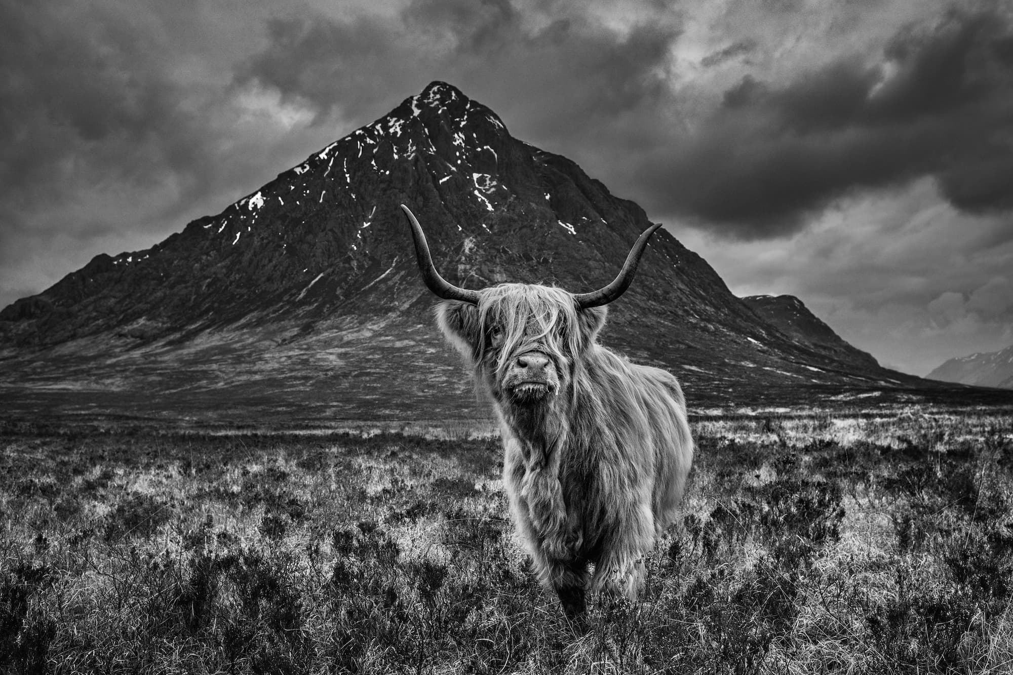 "Glencoe" by David Yarrow, Glencoe, Scotland, 2019. Black and white photograph.