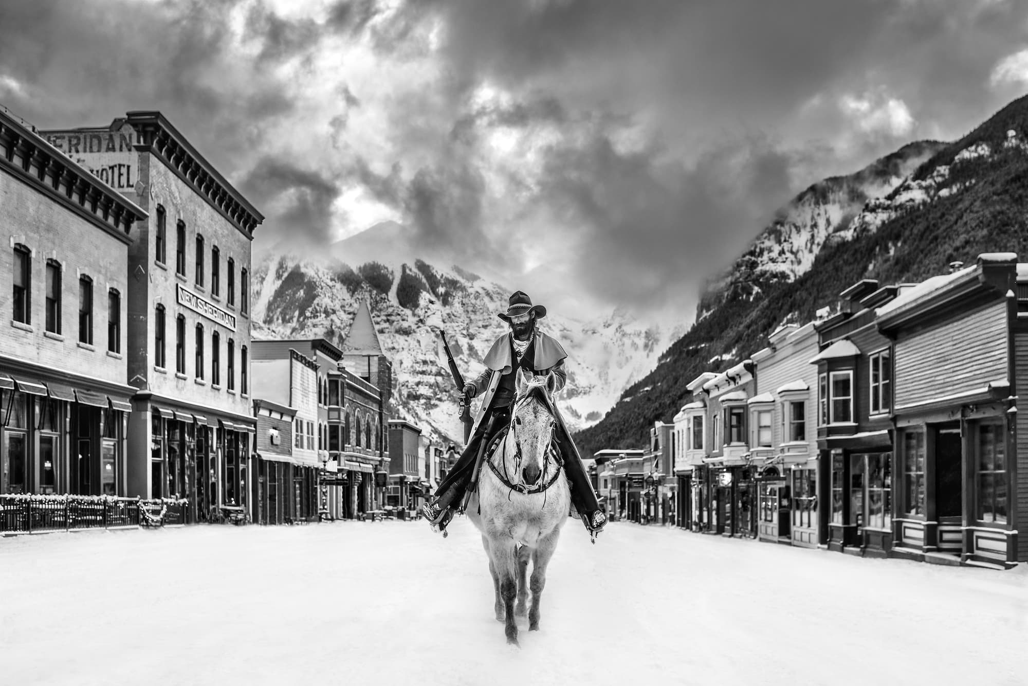 "Go West Young Man" by David Yarrow, Telluride, Colorado, 2021. Black and white photograph.