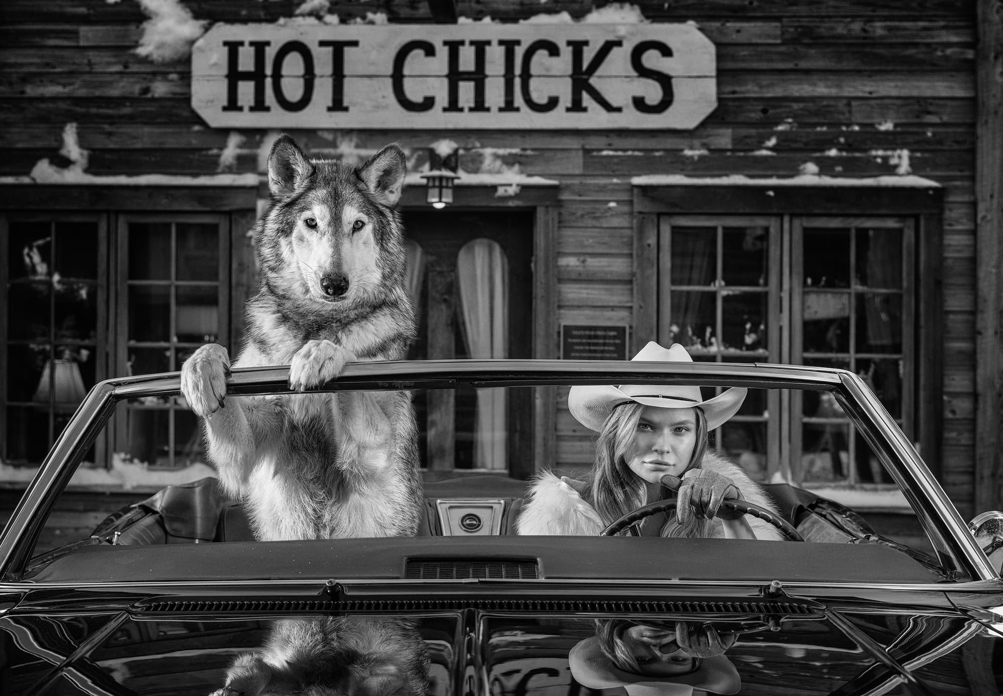 "Hot Chicks" by David Yarrow, Crazy Mountain Ranch, Montana, 2022. Black and white photograph.