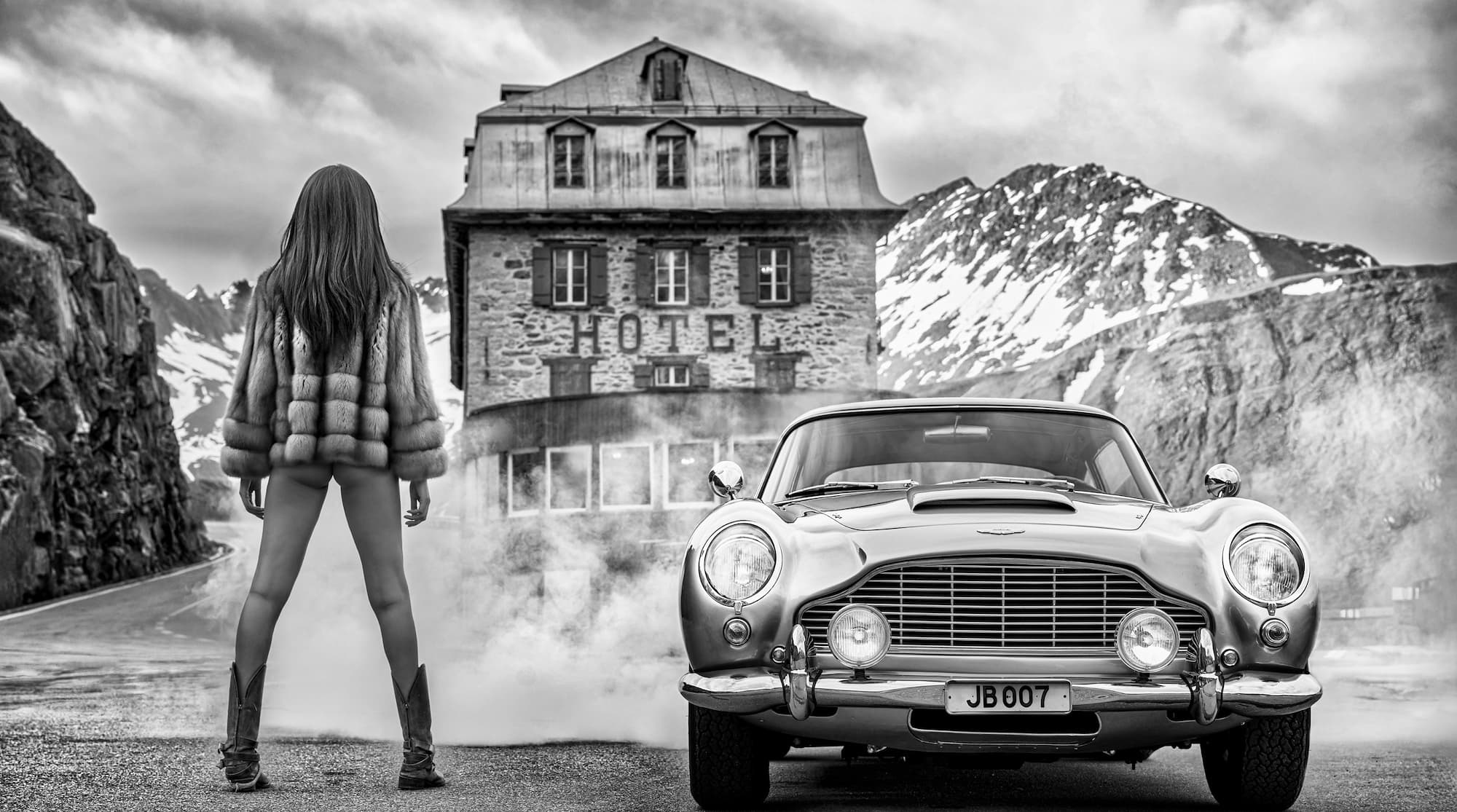 "Hotel Bond" by David Yarrow, Furka Pass, Switzerland, 2025. Black and white photograph.