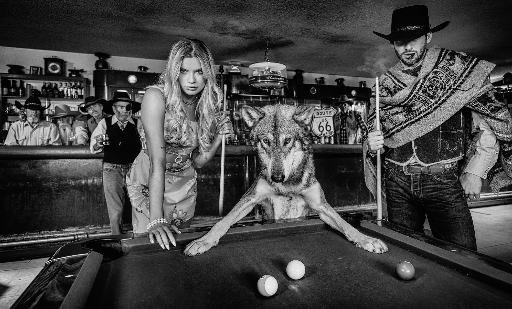 "Hustlers" by David Yarrow, Holbrook, Arizona, 2022. Black and white photograph.