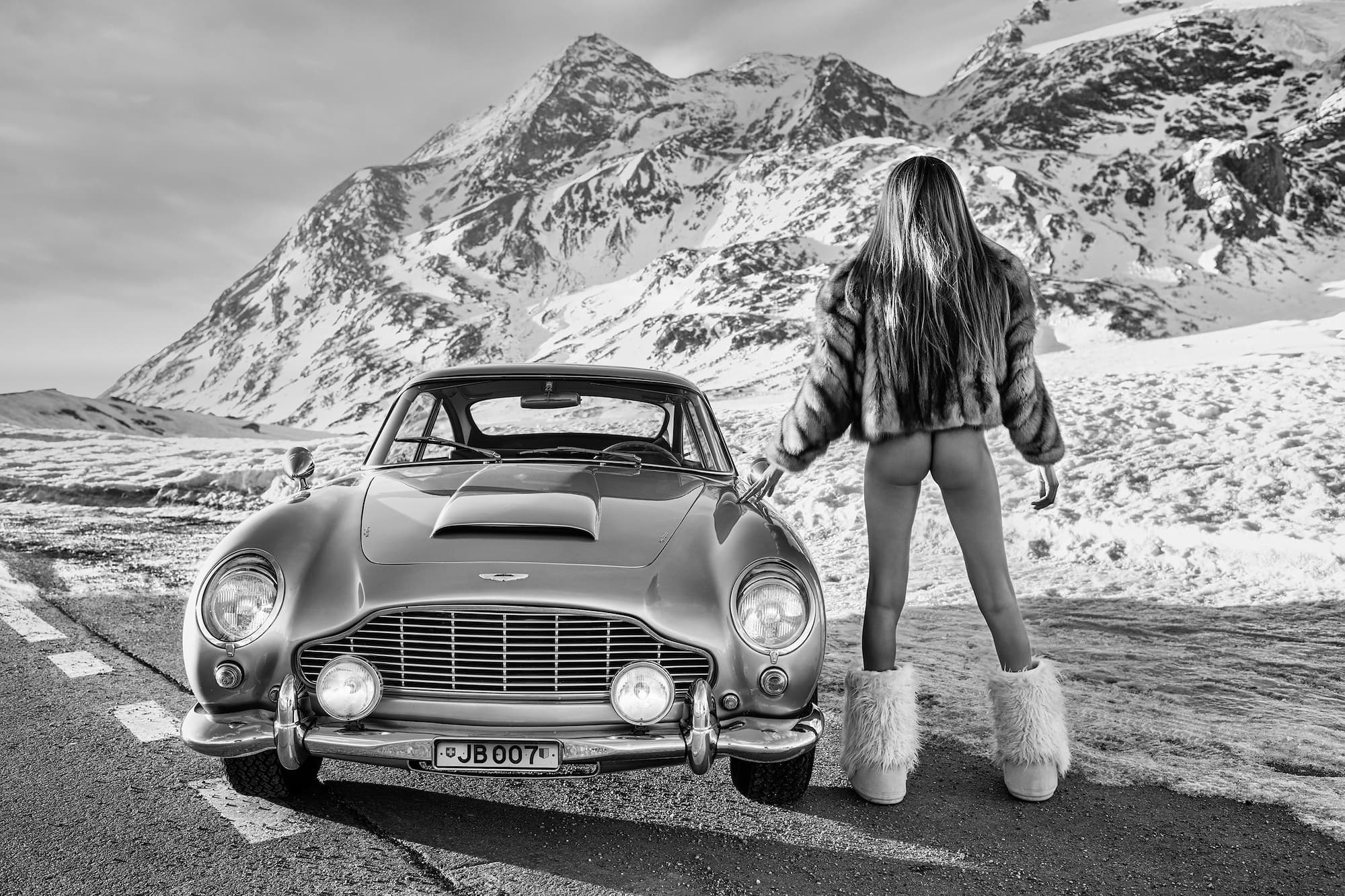 "James?" by David Yarrow, St. Moritz, Switzerland, 2023. Black and white photograph.