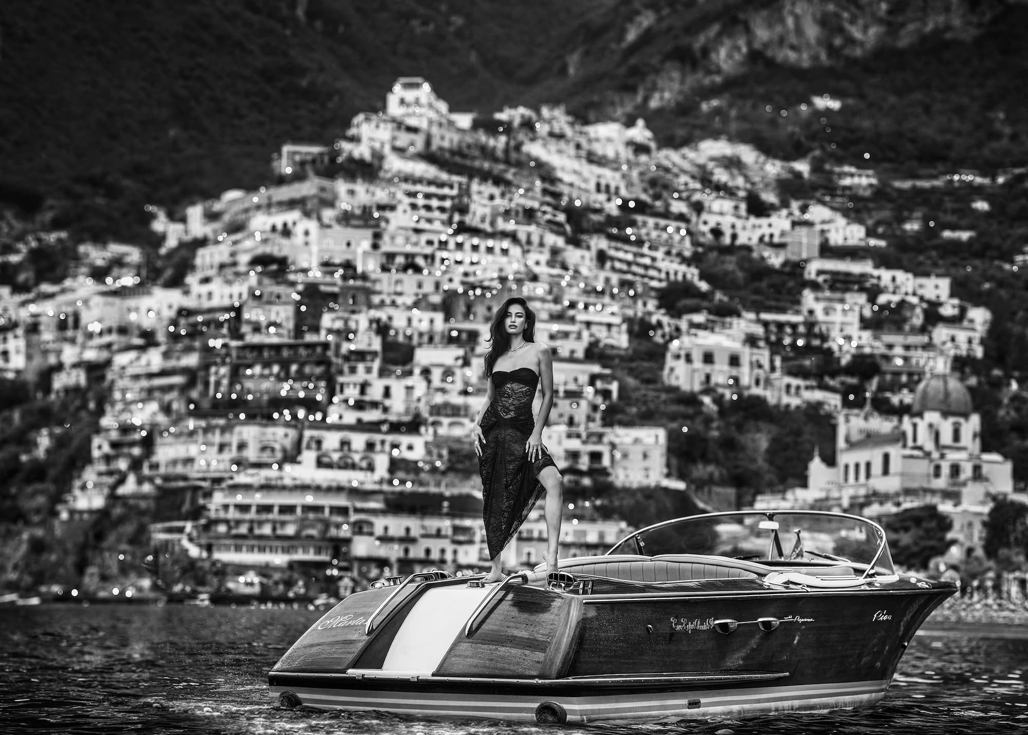 "La Dolce Vita" by David Yarrow, Positano, Italy, 2024. Black and white photograph.