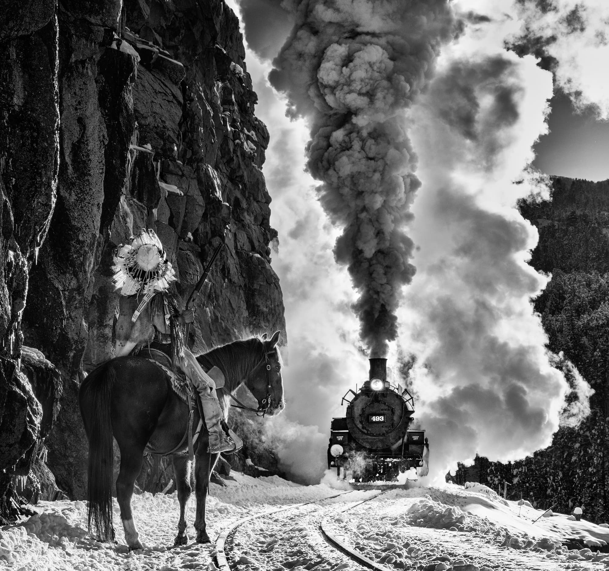 "Manifest Destiny" by David Yarrow, Durango, Colorado, 2023. Black and white photograph.