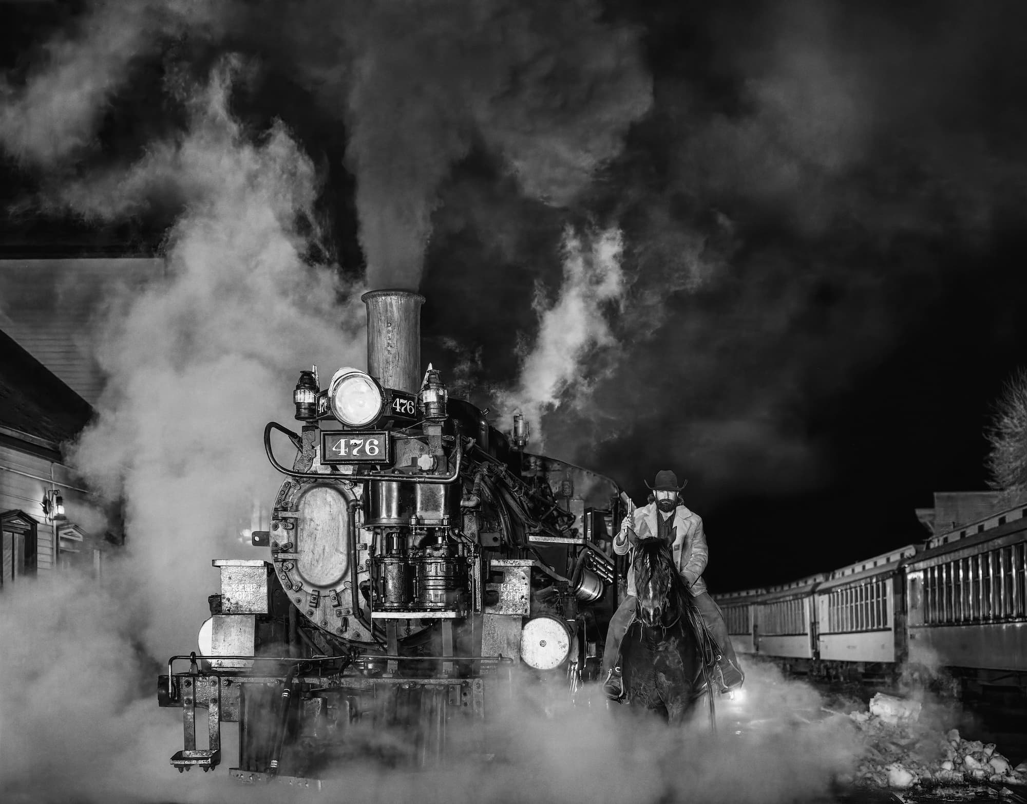 "Midnight Express" by David Yarrow, Durango, Colorado, 2025. Black and white photograph.