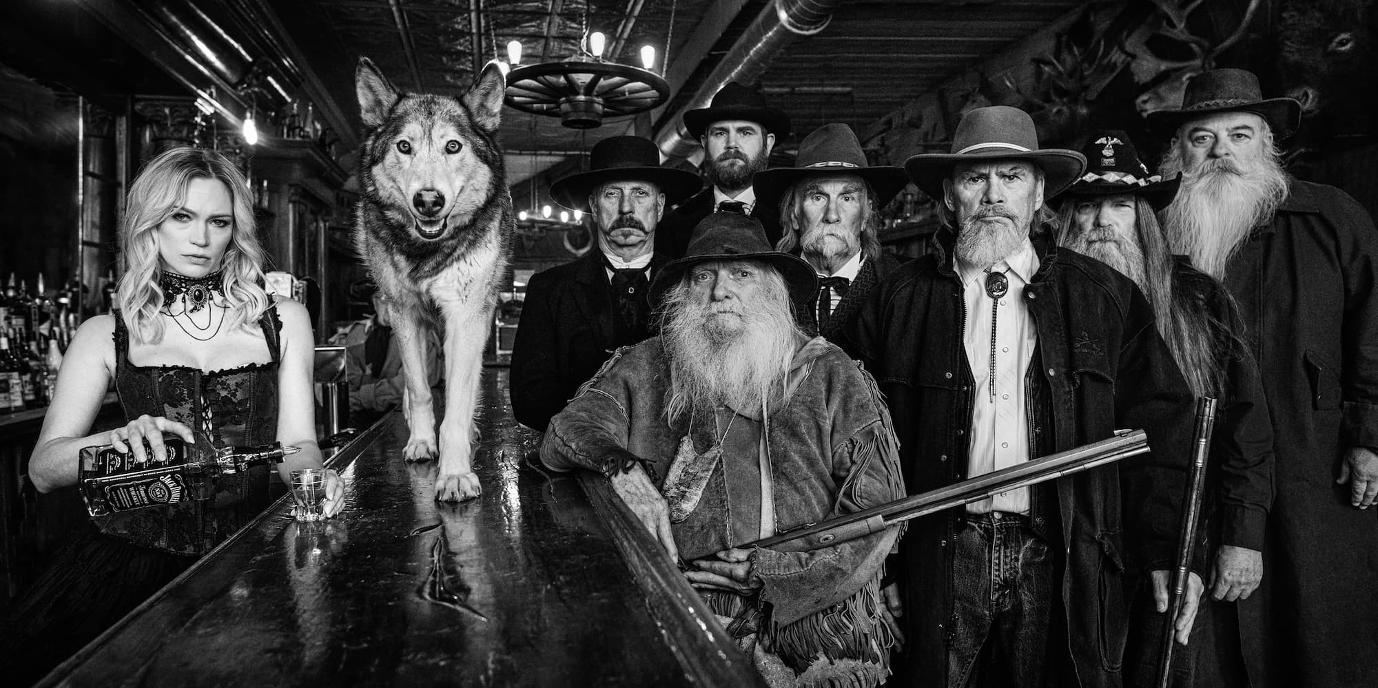 "More Usual Suspects" by David Yarrow, Virginia City, Montana, 2021. Black and white photograph.