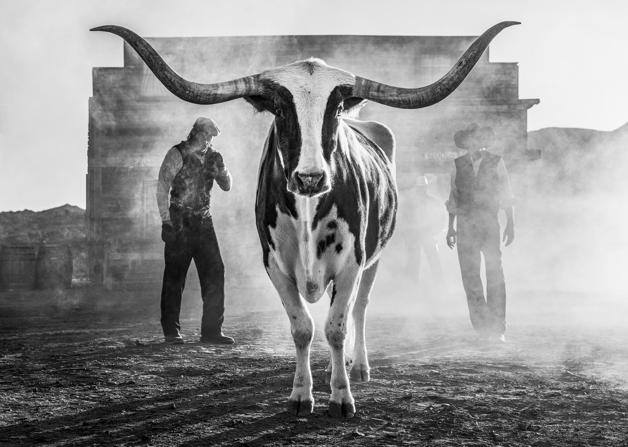 "Morning has broken" by David Yarrow, West Texas, Texas, 2026. Black and white photograph.