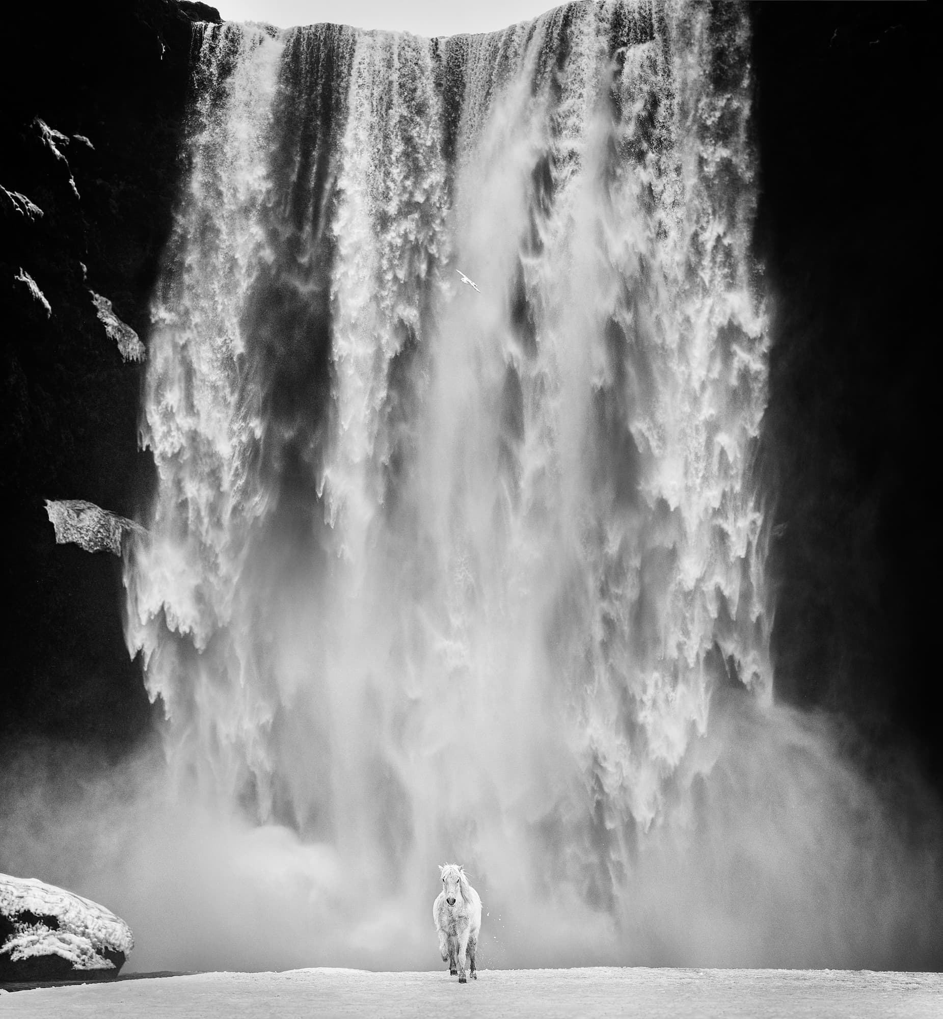 "Norse" by David Yarrow, Skógafoss, Iceland, 2022. Black and white photograph.