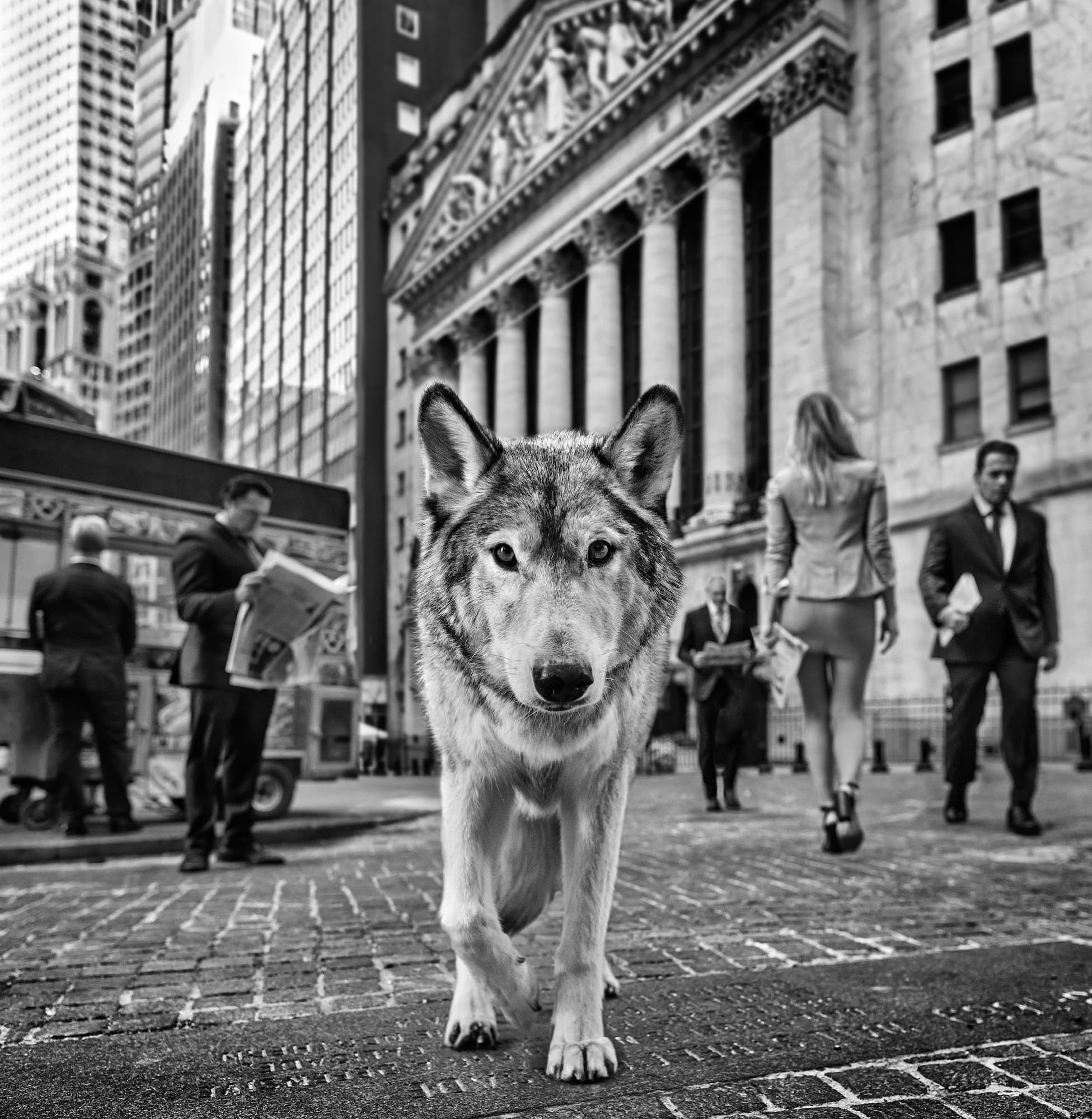 "Once Upon a Time on Wall Street" by David Yarrow, Manhattan, New York, 2023. Black and white photograph.