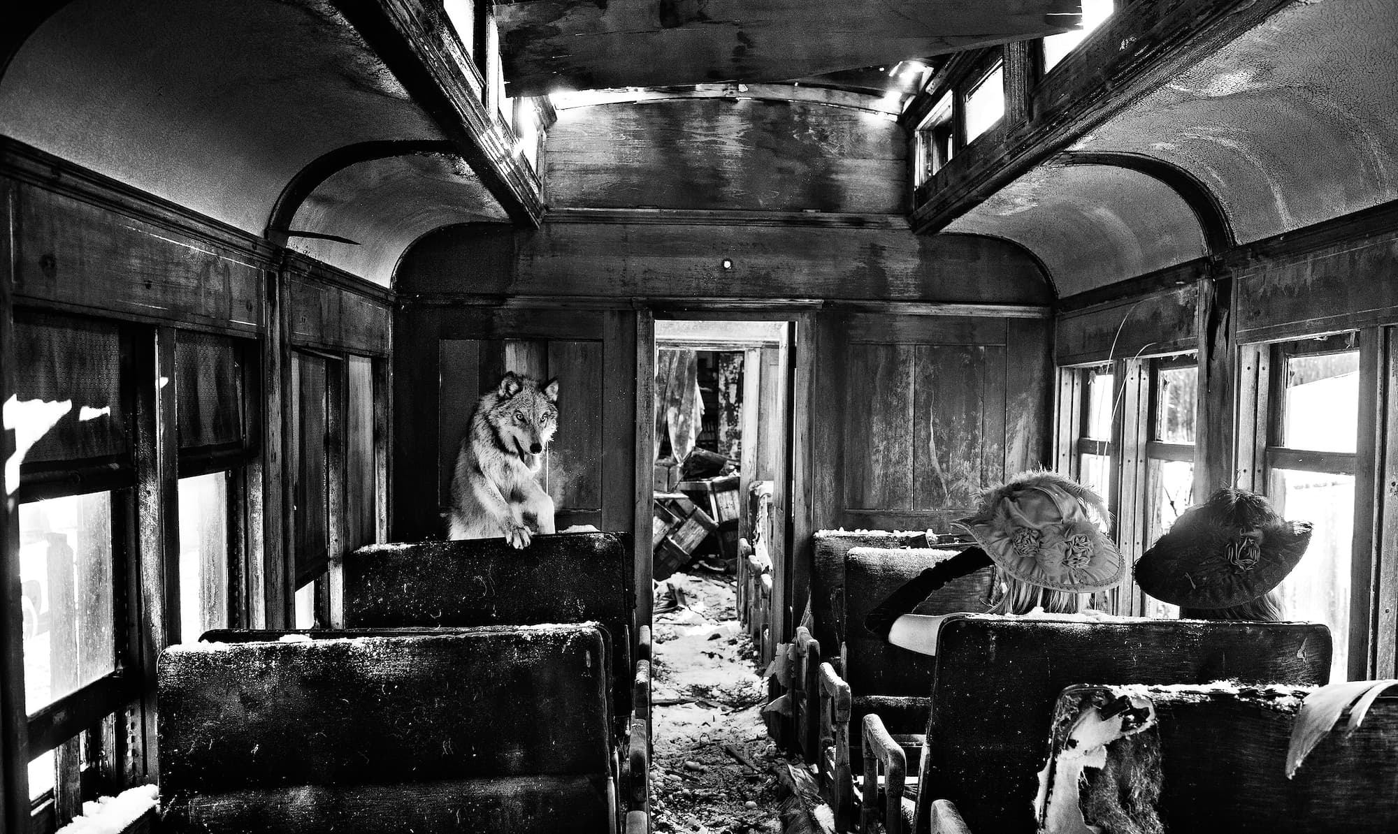 "Ride the Ghost Train" by David Yarrow, Nevada City, Montana, 2015. Black and white photograph.
