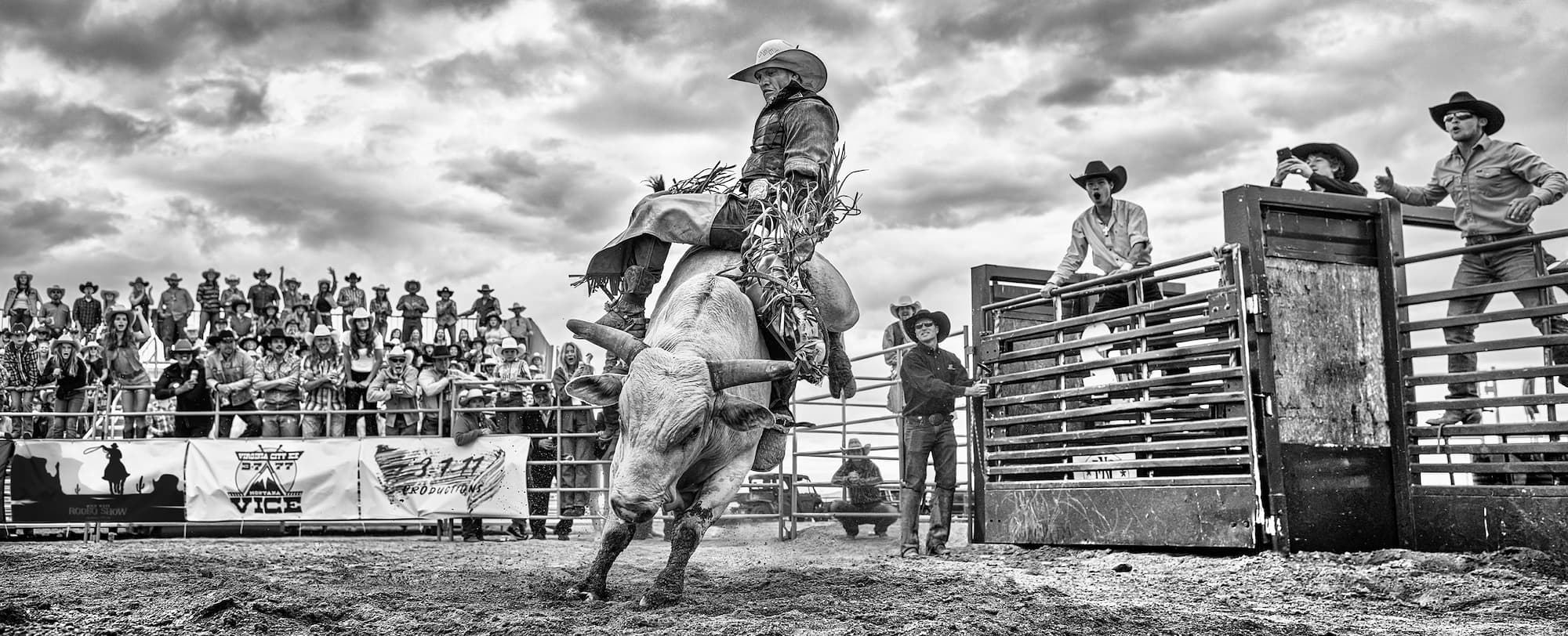"Rodeo" by David Yarrow, Ennis, Montana, 2023. Black and white photograph.