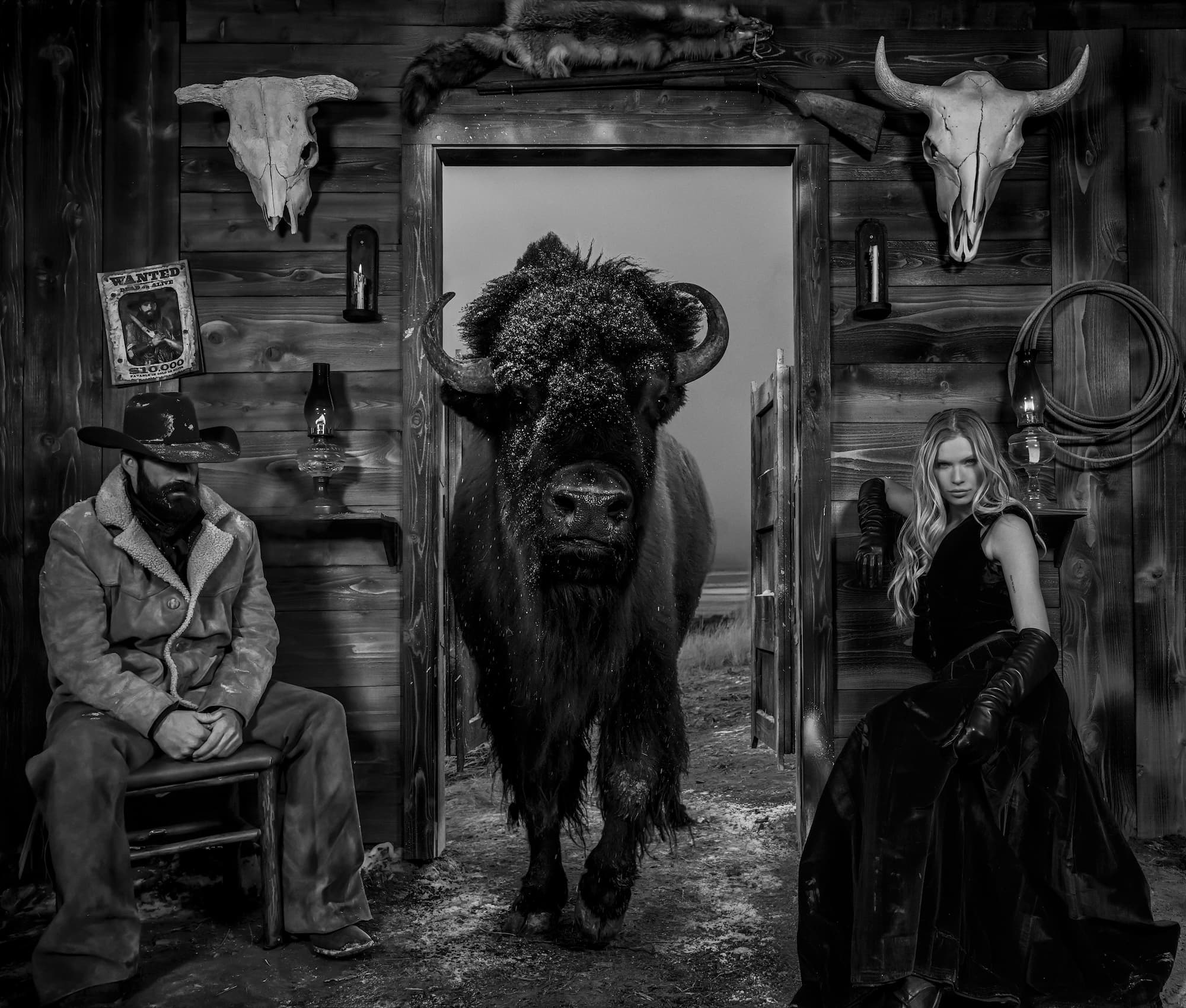 "Saturday Night Live" by David Yarrow, Jackson Hole, Wyoming, 2025. Black and white photograph.