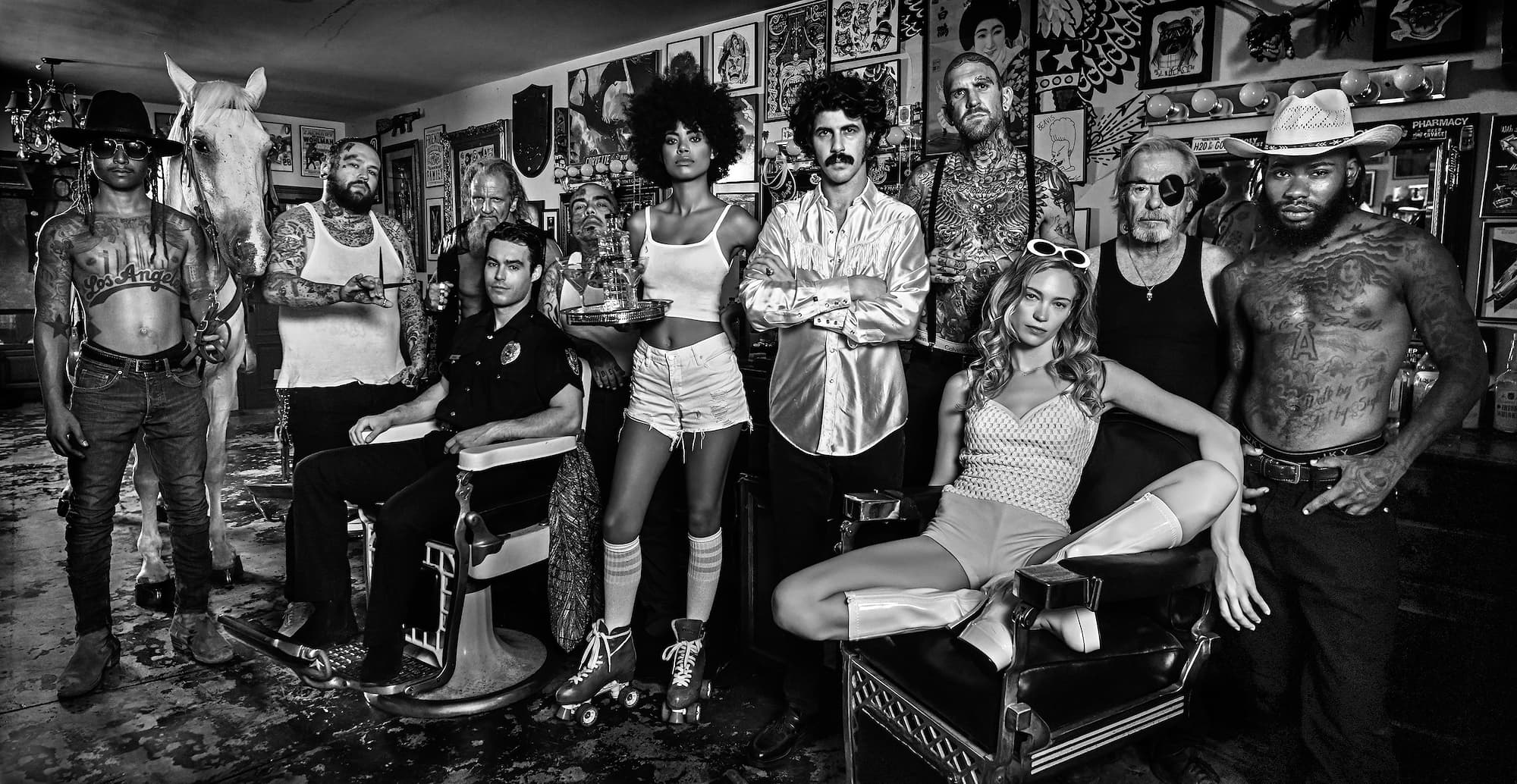 "The Barber Off Fairfax" by David Yarrow, Los Angeles, California, 2018. Black and white photograph.